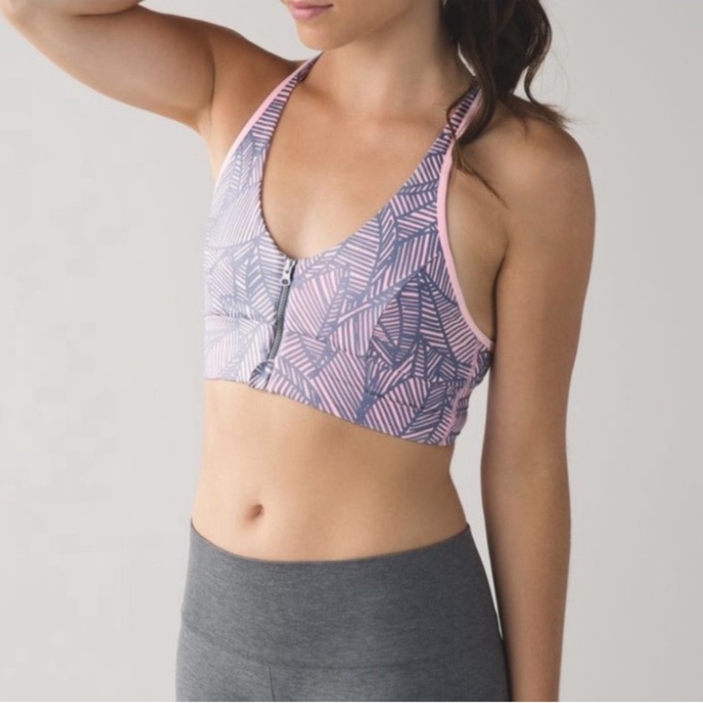 Lululemon 4 Sports Bra Cool To Street Zipper Racerback Pink Gray Zip Sportsbra - Picture 2 of 7